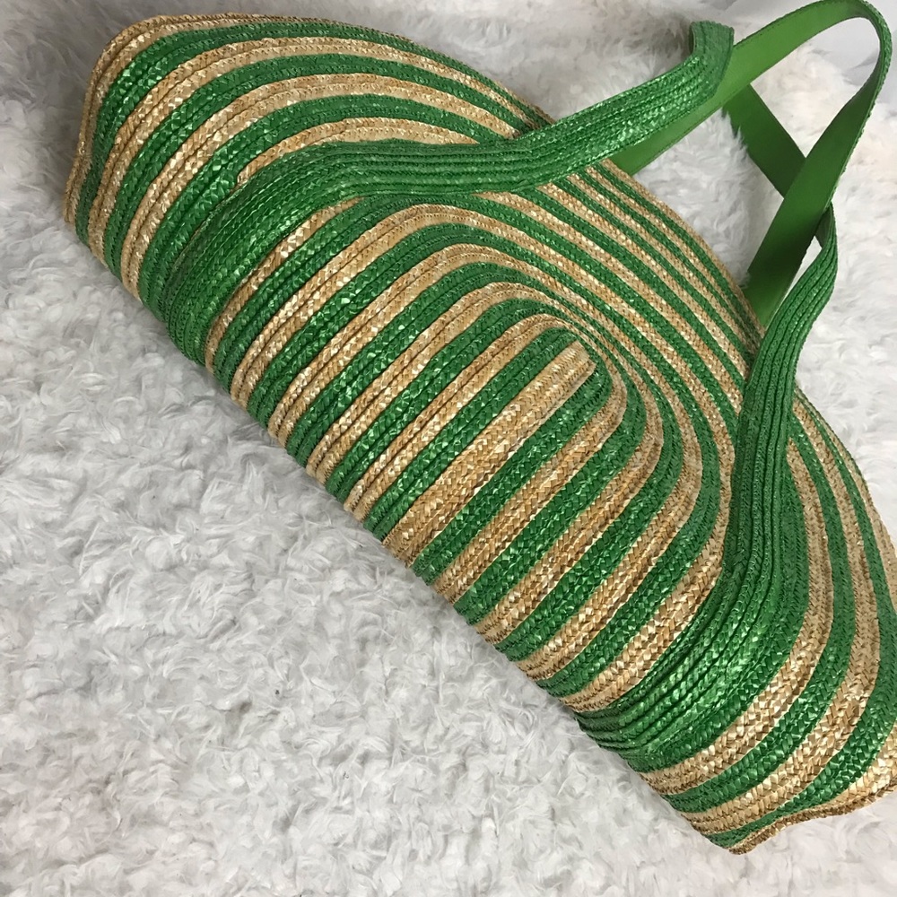 Kate Spade Lawn Party Reign Large Straw Half Moon Tote Green Beach Pool Vacation - Picture 3 of 8